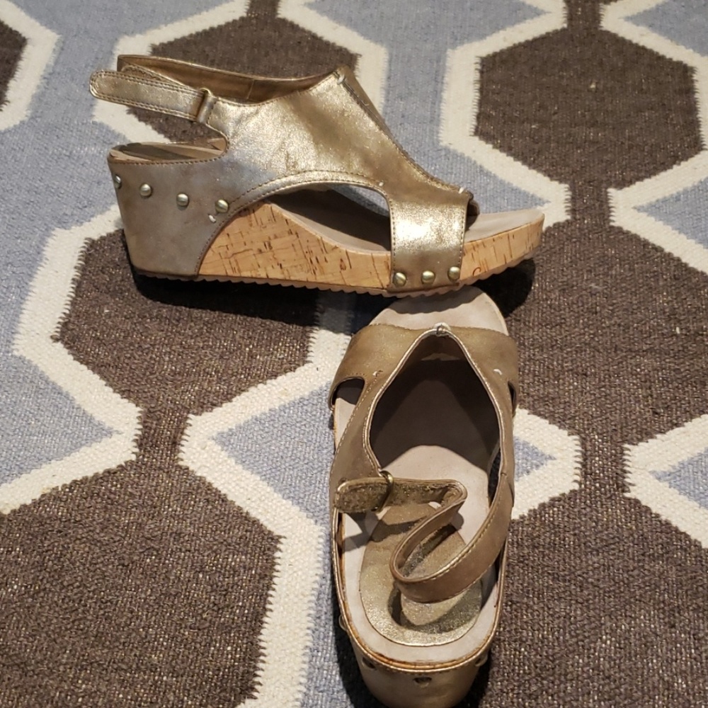 Gold Metallic Cork Wedge Sandals by Antelope